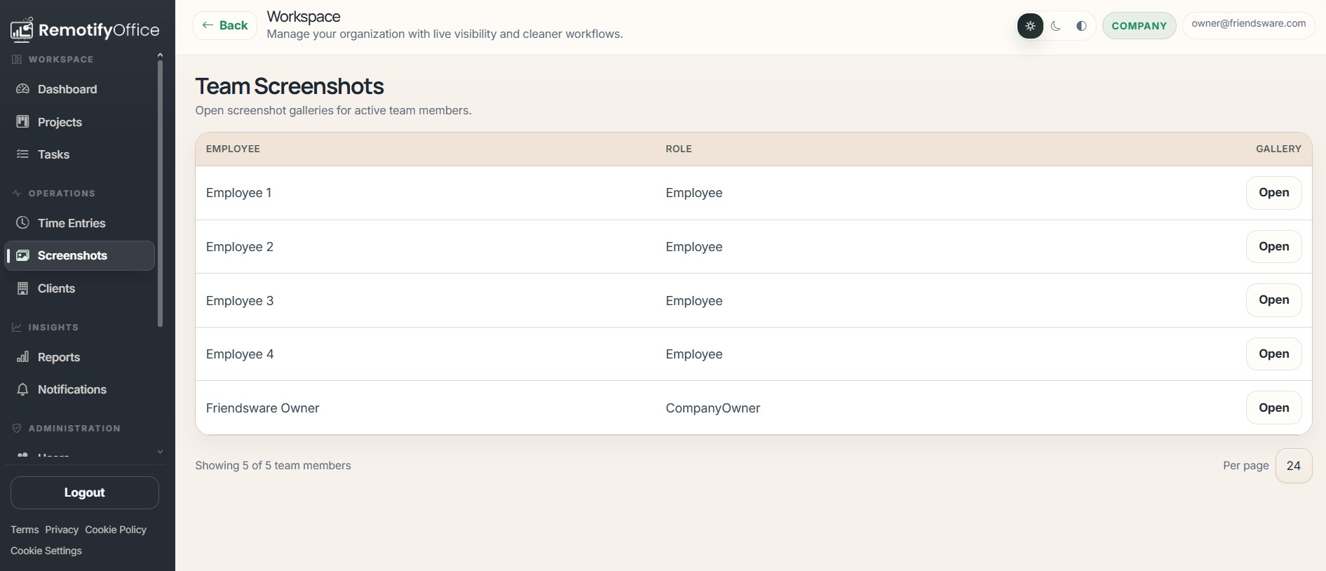 RemotifyOffice team screenshot galleries by employee